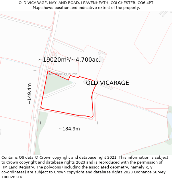 OLD VICARAGE, NAYLAND ROAD, LEAVENHEATH, COLCHESTER, CO6 4PT: Plot and title map