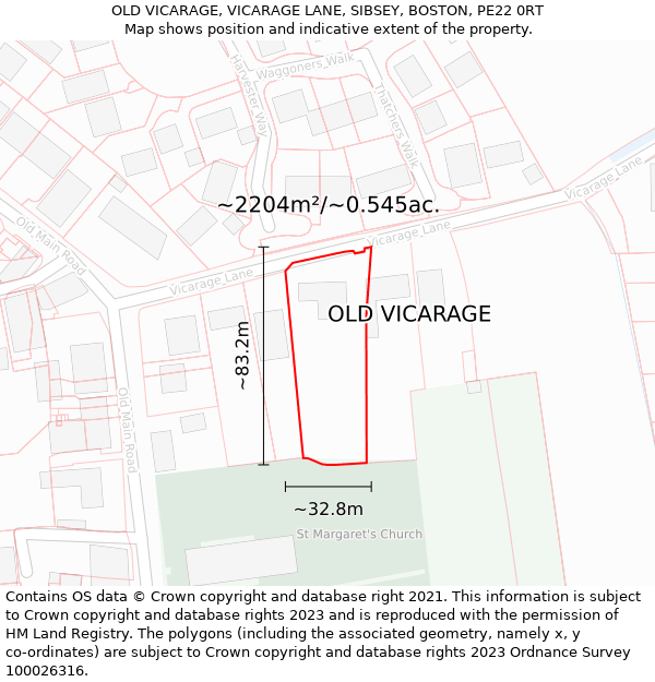 OLD VICARAGE, VICARAGE LANE, SIBSEY, BOSTON, PE22 0RT: Plot and title map