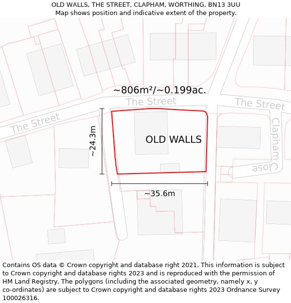 OLD WALLS, THE STREET, CLAPHAM, WORTHING, BN13 3UU: Plot and title map