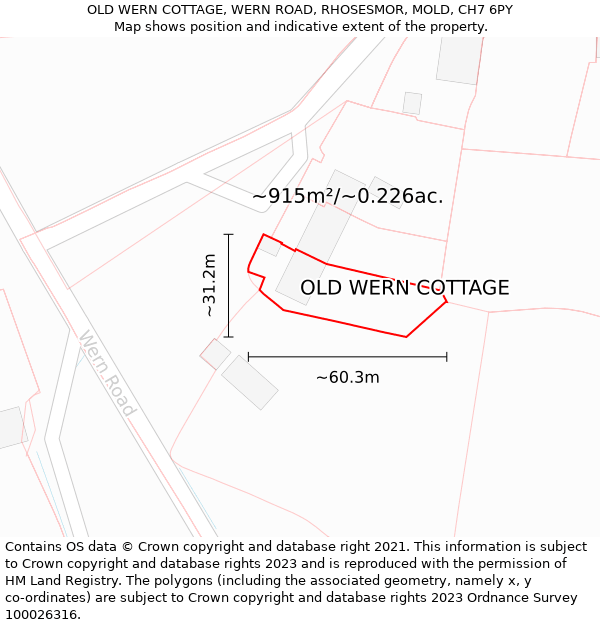 OLD WERN COTTAGE, WERN ROAD, RHOSESMOR, MOLD, CH7 6PY: Plot and title map