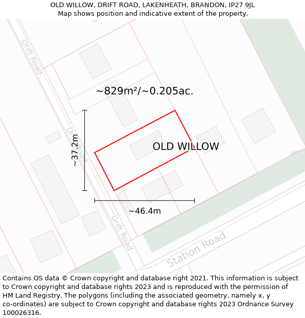 OLD WILLOW, DRIFT ROAD, LAKENHEATH, BRANDON, IP27 9JL: Plot and title map