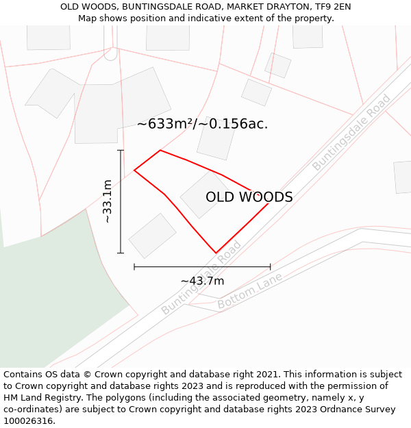 OLD WOODS, BUNTINGSDALE ROAD, MARKET DRAYTON, TF9 2EN: Plot and title map