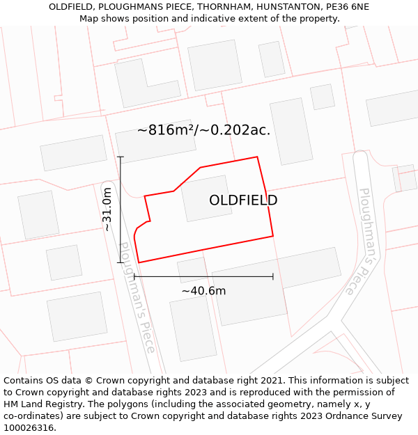 OLDFIELD, PLOUGHMANS PIECE, THORNHAM, HUNSTANTON, PE36 6NE: Plot and title map