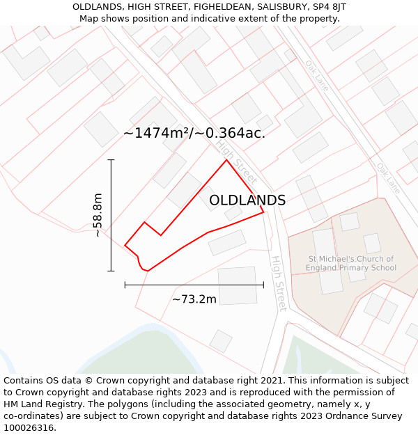 OLDLANDS, HIGH STREET, FIGHELDEAN, SALISBURY, SP4 8JT: Plot and title map