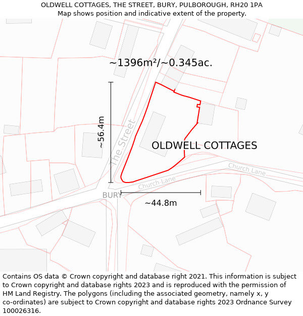 OLDWELL COTTAGES, THE STREET, BURY, PULBOROUGH, RH20 1PA: Plot and title map