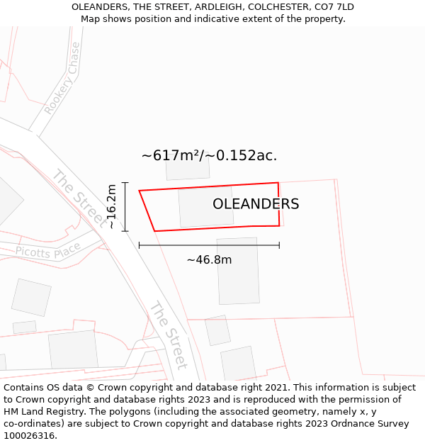 OLEANDERS, THE STREET, ARDLEIGH, COLCHESTER, CO7 7LD: Plot and title map
