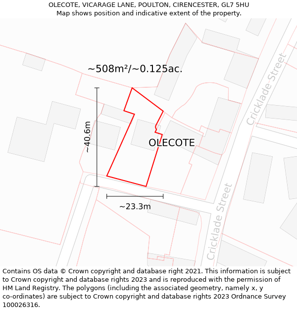 OLECOTE, VICARAGE LANE, POULTON, CIRENCESTER, GL7 5HU: Plot and title map