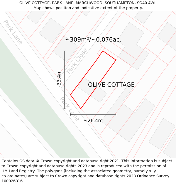 OLIVE COTTAGE, PARK LANE, MARCHWOOD, SOUTHAMPTON, SO40 4WL: Plot and title map