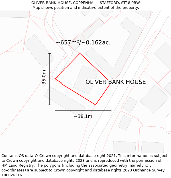 OLIVER BANK HOUSE, COPPENHALL, STAFFORD, ST18 9BW: Plot and title map