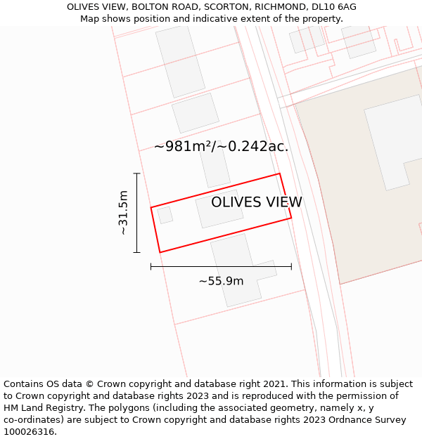 OLIVES VIEW, BOLTON ROAD, SCORTON, RICHMOND, DL10 6AG: Plot and title map