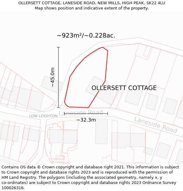 OLLERSETT COTTAGE, LANESIDE ROAD, NEW MILLS, HIGH PEAK, SK22 4LU: Plot and title map