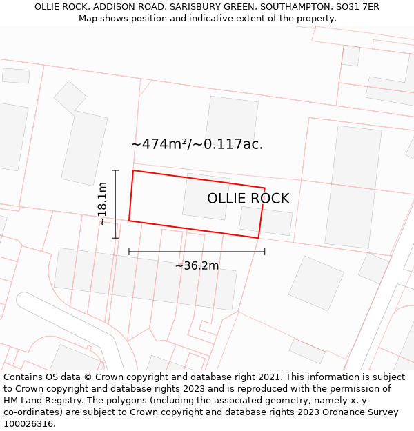 OLLIE ROCK, ADDISON ROAD, SARISBURY GREEN, SOUTHAMPTON, SO31 7ER: Plot and title map