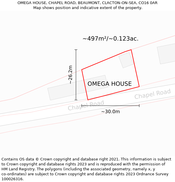 OMEGA HOUSE, CHAPEL ROAD, BEAUMONT, CLACTON-ON-SEA, CO16 0AR: Plot and title map