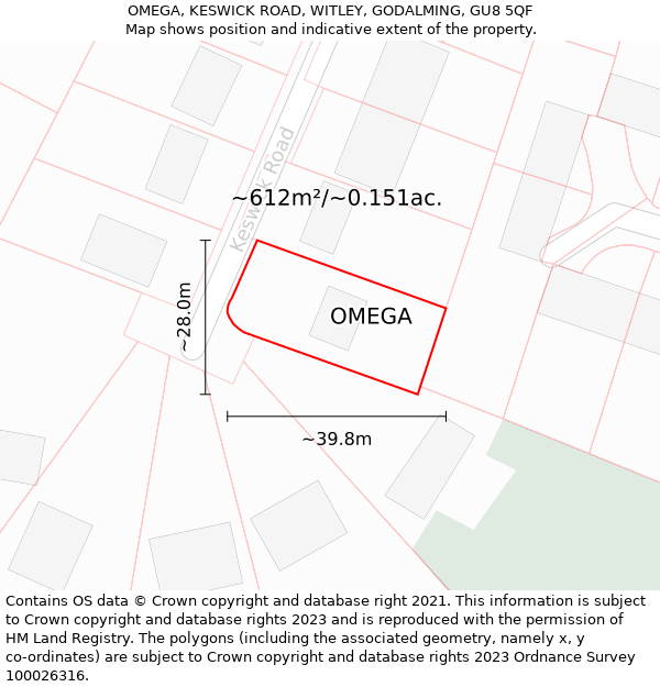 OMEGA, KESWICK ROAD, WITLEY, GODALMING, GU8 5QF: Plot and title map