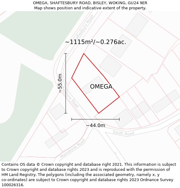 OMEGA, SHAFTESBURY ROAD, BISLEY, WOKING, GU24 9ER: Plot and title map