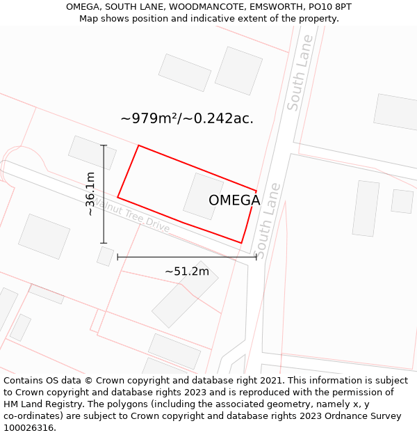 OMEGA, SOUTH LANE, WOODMANCOTE, EMSWORTH, PO10 8PT: Plot and title map