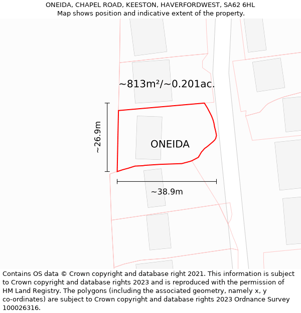 ONEIDA, CHAPEL ROAD, KEESTON, HAVERFORDWEST, SA62 6HL: Plot and title map