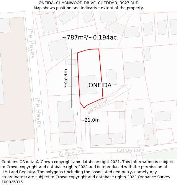 ONEIDA, CHARNWOOD DRIVE, CHEDDAR, BS27 3HD: Plot and title map