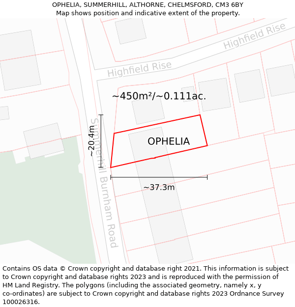 OPHELIA, SUMMERHILL, ALTHORNE, CHELMSFORD, CM3 6BY: Plot and title map