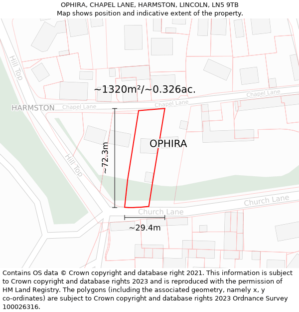 OPHIRA, CHAPEL LANE, HARMSTON, LINCOLN, LN5 9TB: Plot and title map