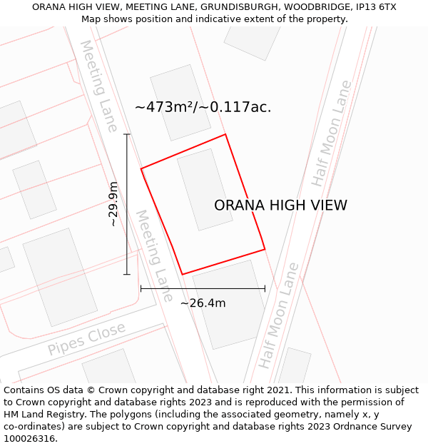 ORANA HIGH VIEW, MEETING LANE, GRUNDISBURGH, WOODBRIDGE, IP13 6TX: Plot and title map