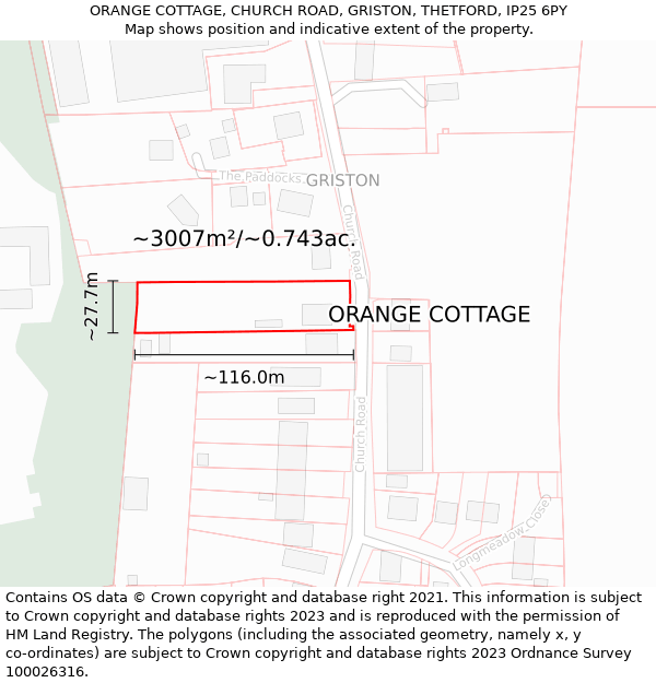 ORANGE COTTAGE, CHURCH ROAD, GRISTON, THETFORD, IP25 6PY: Plot and title map