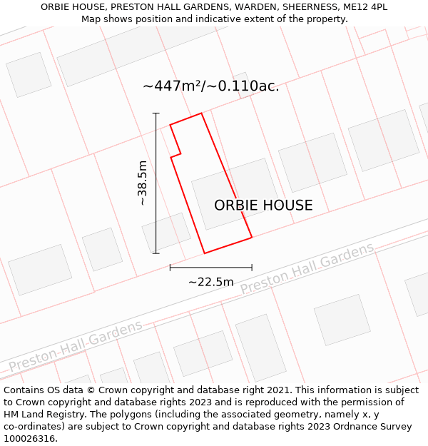 ORBIE HOUSE, PRESTON HALL GARDENS, WARDEN, SHEERNESS, ME12 4PL: Plot and title map