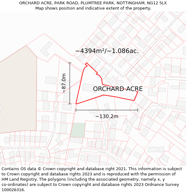 ORCHARD ACRE, PARK ROAD, PLUMTREE PARK, NOTTINGHAM, NG12 5LX: Plot and title map