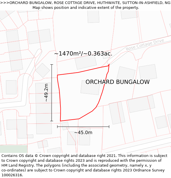 ORCHARD BUNGALOW, ROSE COTTAGE DRIVE, HUTHWAITE, SUTTON-IN-ASHFIELD, NG17 2RU: Plot and title map