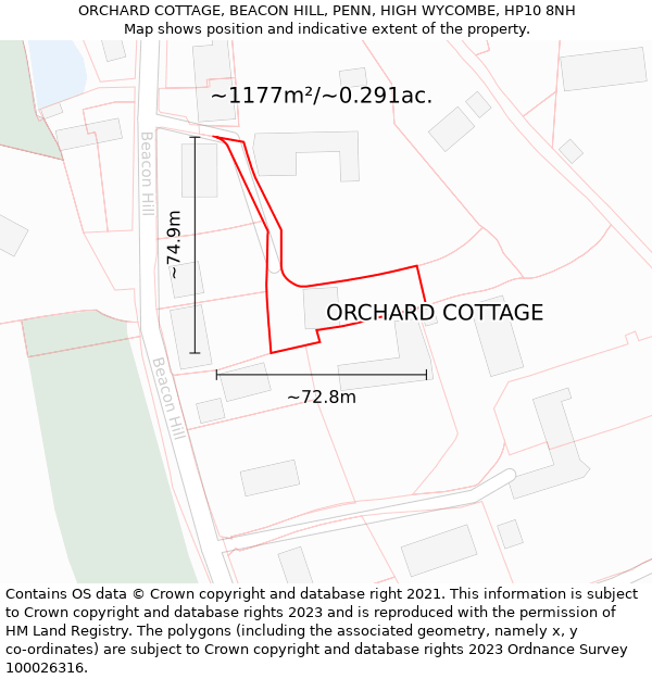 ORCHARD COTTAGE, BEACON HILL, PENN, HIGH WYCOMBE, HP10 8NH: Plot and title map