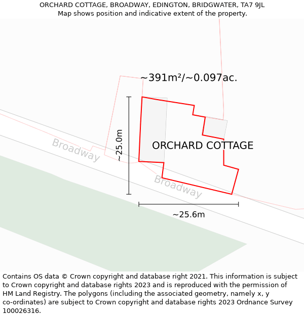 ORCHARD COTTAGE, BROADWAY, EDINGTON, BRIDGWATER, TA7 9JL: Plot and title map