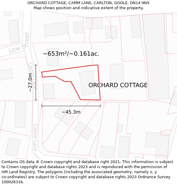 ORCHARD COTTAGE, CAMM LANE, CARLTON, GOOLE, DN14 9NX: Plot and title map