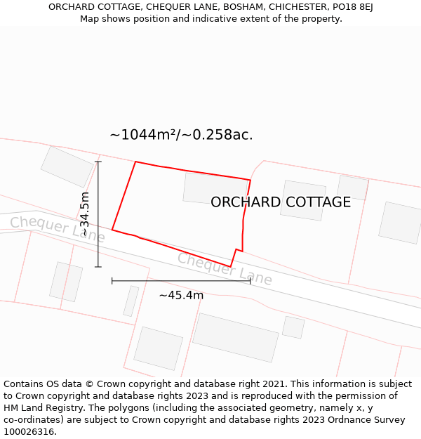 ORCHARD COTTAGE, CHEQUER LANE, BOSHAM, CHICHESTER, PO18 8EJ: Plot and title map