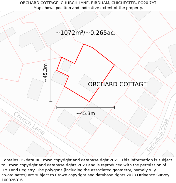 ORCHARD COTTAGE, CHURCH LANE, BIRDHAM, CHICHESTER, PO20 7AT: Plot and title map