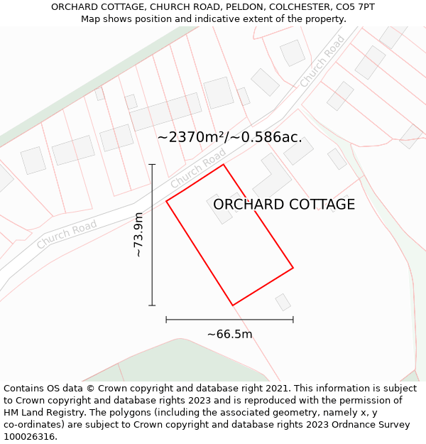 ORCHARD COTTAGE, CHURCH ROAD, PELDON, COLCHESTER, CO5 7PT: Plot and title map