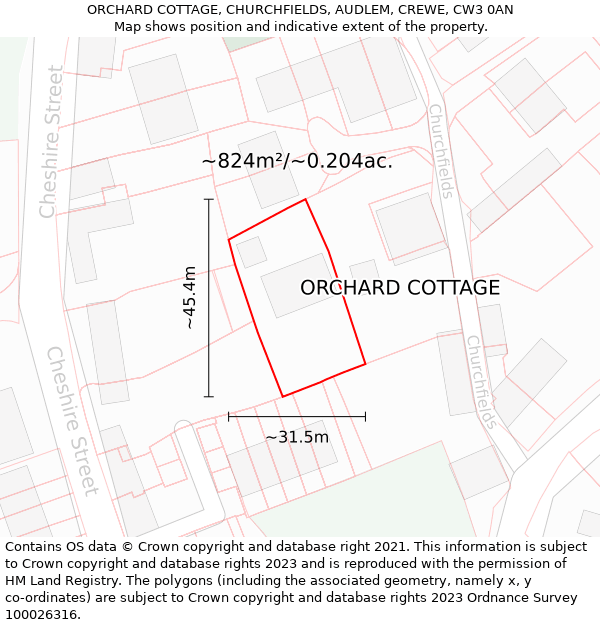 ORCHARD COTTAGE, CHURCHFIELDS, AUDLEM, CREWE, CW3 0AN: Plot and title map