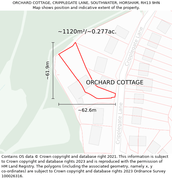 ORCHARD COTTAGE, CRIPPLEGATE LANE, SOUTHWATER, HORSHAM, RH13 9HN: Plot and title map