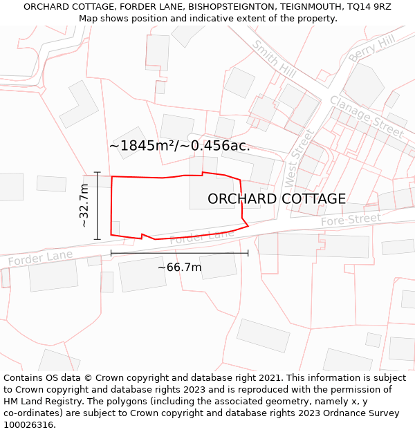 ORCHARD COTTAGE, FORDER LANE, BISHOPSTEIGNTON, TEIGNMOUTH, TQ14 9RZ: Plot and title map