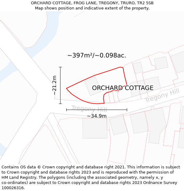 ORCHARD COTTAGE, FROG LANE, TREGONY, TRURO, TR2 5SB: Plot and title map