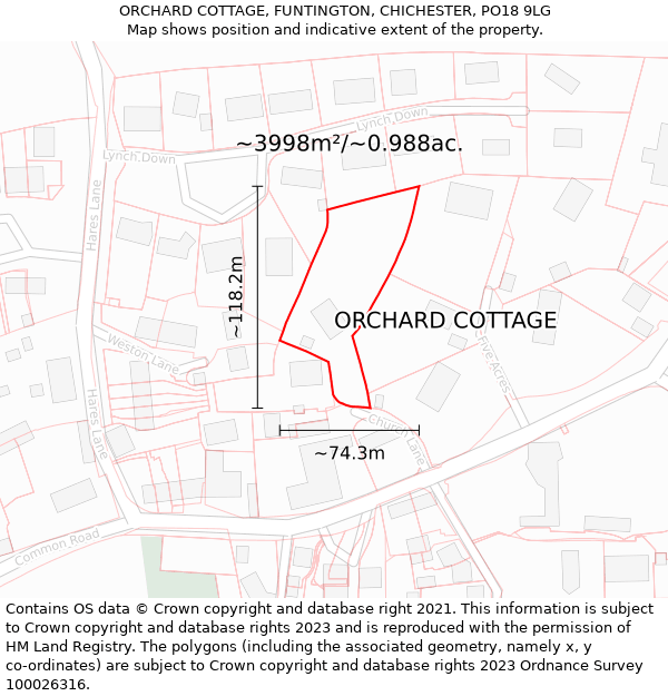 ORCHARD COTTAGE, FUNTINGTON, CHICHESTER, PO18 9LG: Plot and title map