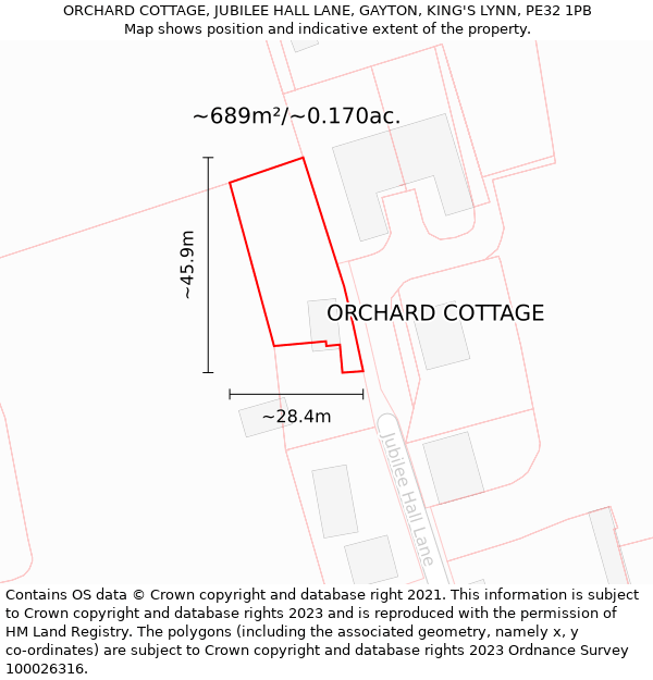 ORCHARD COTTAGE, JUBILEE HALL LANE, GAYTON, KING'S LYNN, PE32 1PB: Plot and title map