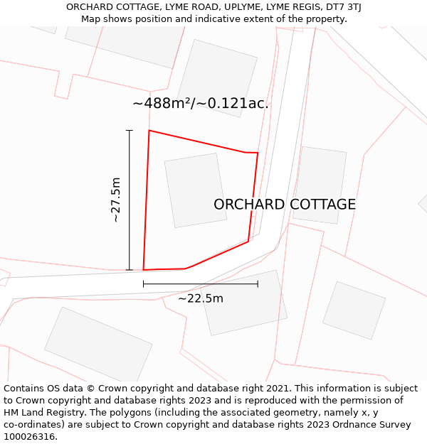 ORCHARD COTTAGE, LYME ROAD, UPLYME, LYME REGIS, DT7 3TJ: Plot and title map