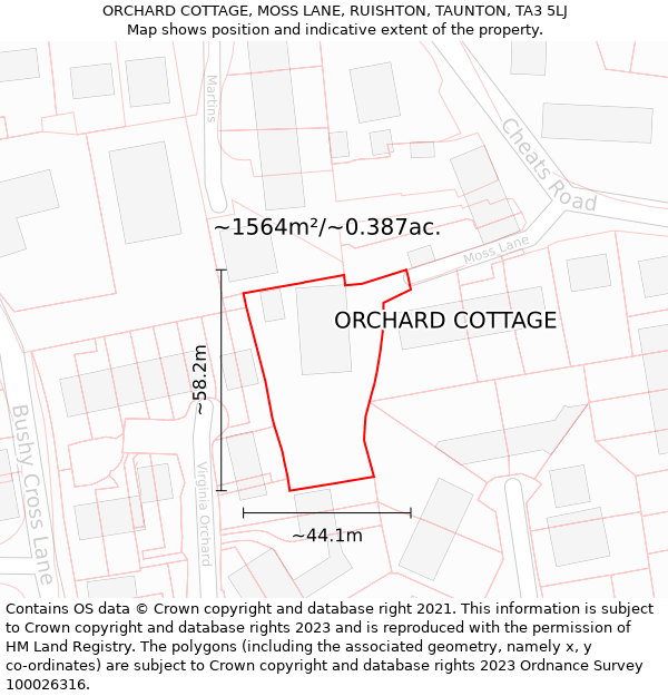 ORCHARD COTTAGE, MOSS LANE, RUISHTON, TAUNTON, TA3 5LJ: Plot and title map