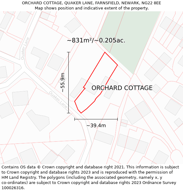 ORCHARD COTTAGE, QUAKER LANE, FARNSFIELD, NEWARK, NG22 8EE: Plot and title map