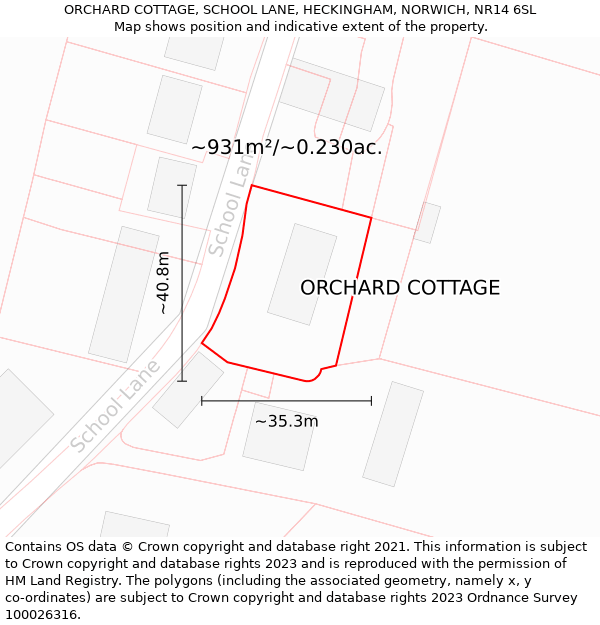 ORCHARD COTTAGE, SCHOOL LANE, HECKINGHAM, NORWICH, NR14 6SL: Plot and title map