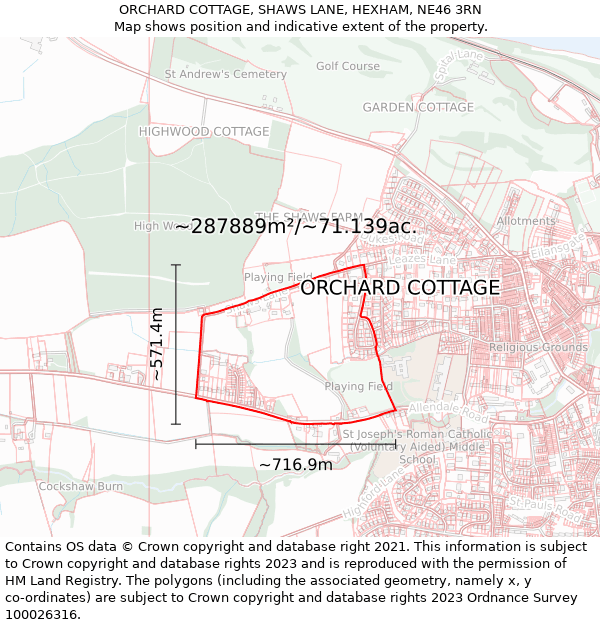 ORCHARD COTTAGE, SHAWS LANE, HEXHAM, NE46 3RN: Plot and title map