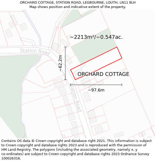 ORCHARD COTTAGE, STATION ROAD, LEGBOURNE, LOUTH, LN11 8LH: Plot and title map