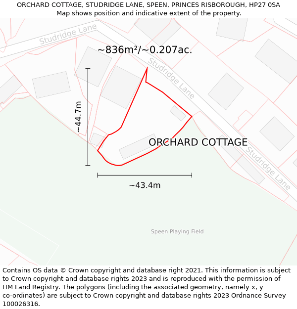 ORCHARD COTTAGE, STUDRIDGE LANE, SPEEN, PRINCES RISBOROUGH, HP27 0SA: Plot and title map