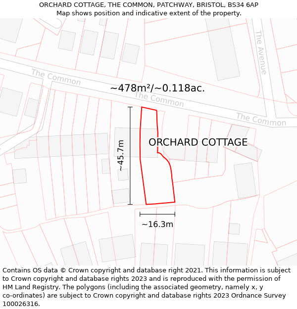ORCHARD COTTAGE, THE COMMON, PATCHWAY, BRISTOL, BS34 6AP: Plot and title map
