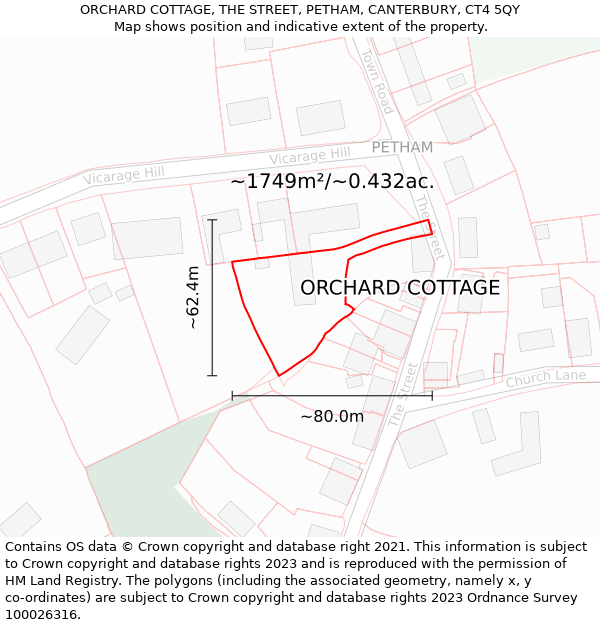 ORCHARD COTTAGE, THE STREET, PETHAM, CANTERBURY, CT4 5QY: Plot and title map